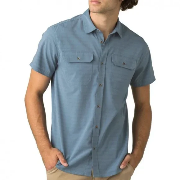 NWT prAna Cayman Shirt Small Blue Note Yarn Dye Melange Woven Check - Picture 1 of 16